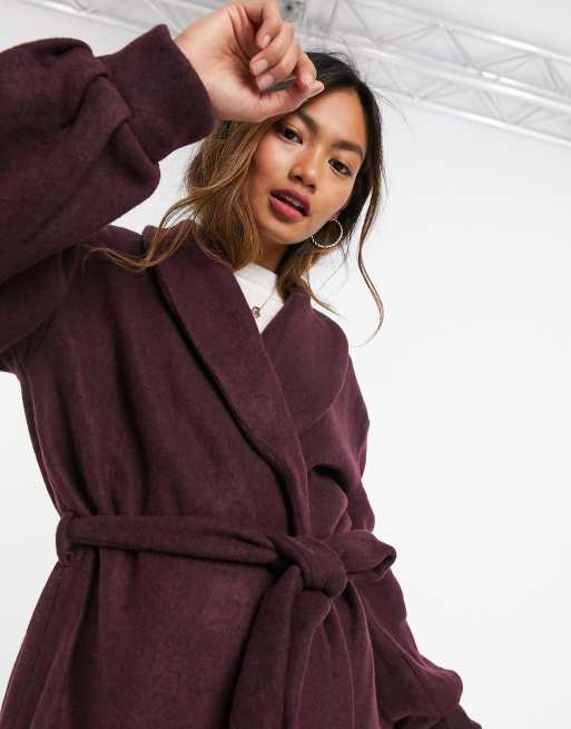 Vila coat with tie waist and balloon sleeves in purple ASOS