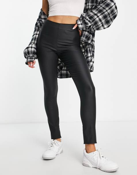 Vila coated leggings with zip back in black - view 1