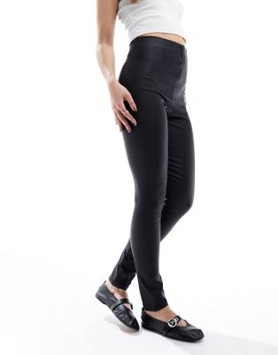 Vila coated leggings with zip back in black