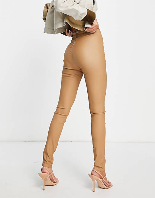 Vila coated leggings with zip back in camel