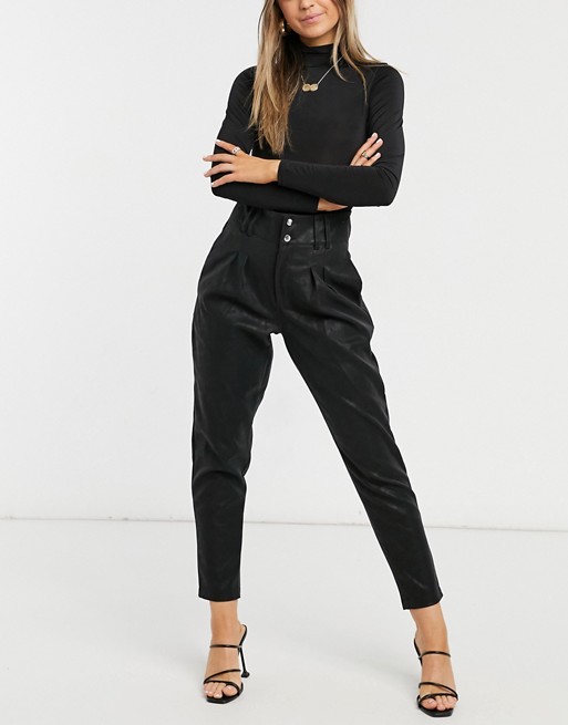 Vila coated tapered trousers with pleat front in black