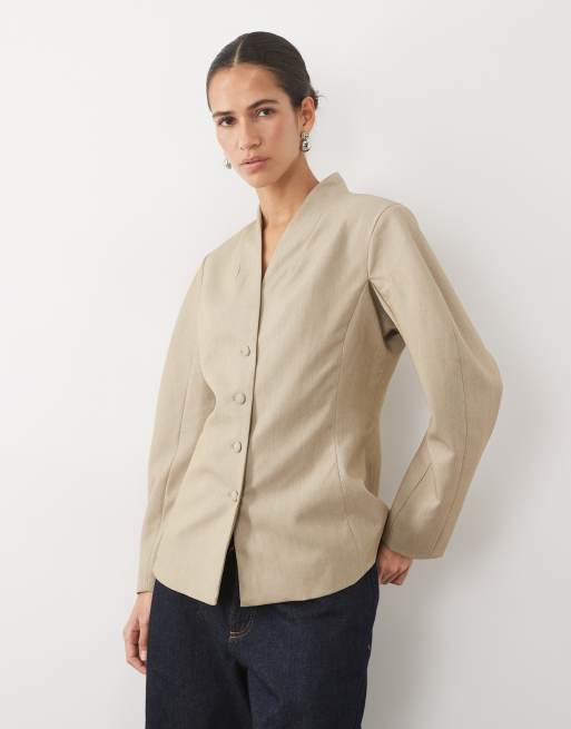 VILA cocoon sleeve waist detail blazer in natural melange, 2 of 4