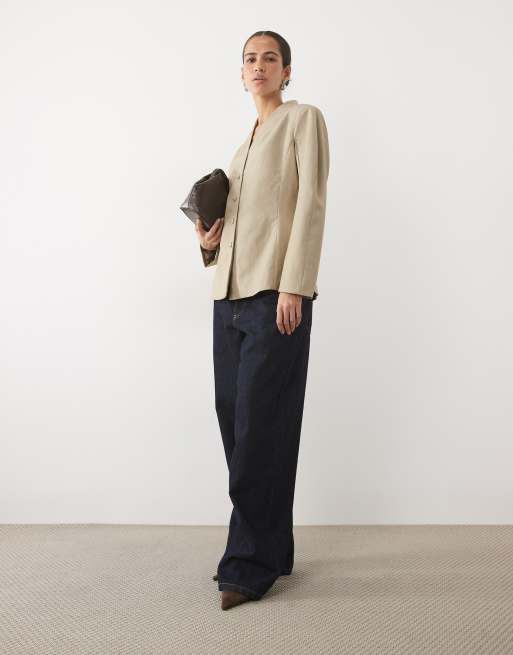 VILA cocoon sleeve waist detail blazer in natural melange, 3 of 4