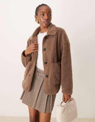 collared teddy jacket with trim details in light brown-Neutral