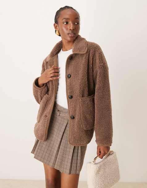 Vila collared teddy jacket with trim details in light brown - view 1