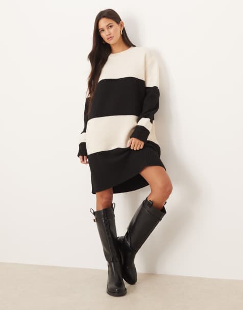 Vila colour blocking knitted mini dress in black and cream - view 1