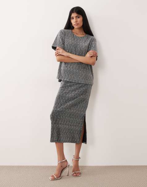 VILA - Completo argento glitterato con gonna midi e t-shirt - view 1