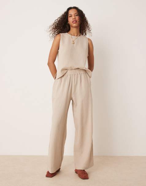 Vila - Completo beige stropicciato con pantaloni con fondo ampio e top senza maniche - view 1