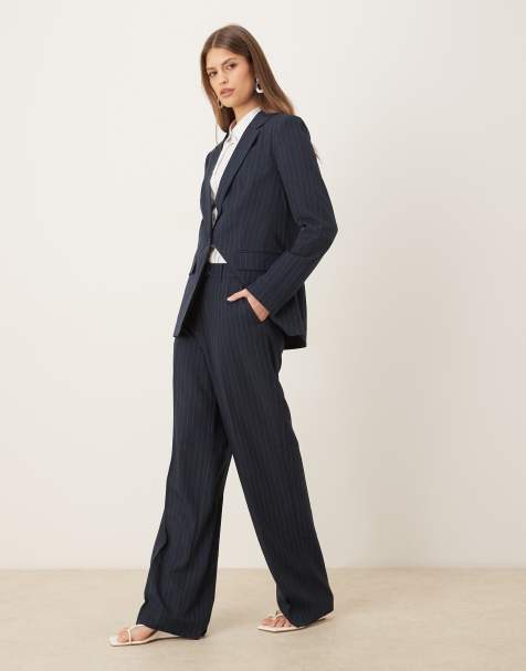 VILA - Completo sartoriale con blazer e pantaloni blu navy gessato - view 1