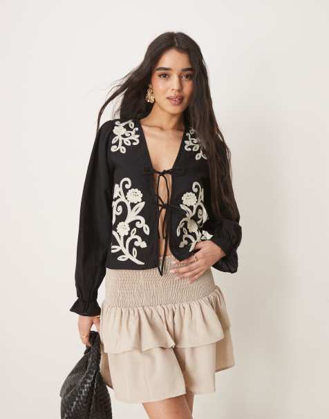 Vila contrast floral embroidered tie front blouse in black