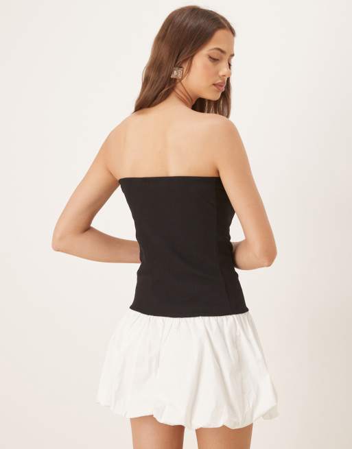 VILA contrast puffball hem mini dress in black and white