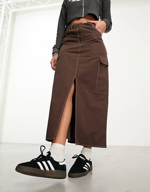 Vila - contrast stitch cargo maxi skirt in brown