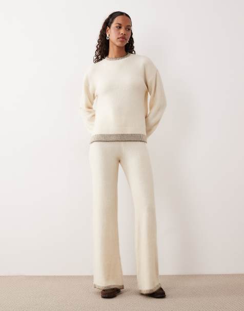 VILA contrast trim knit sweater and wide leg pants set in birch - view 1