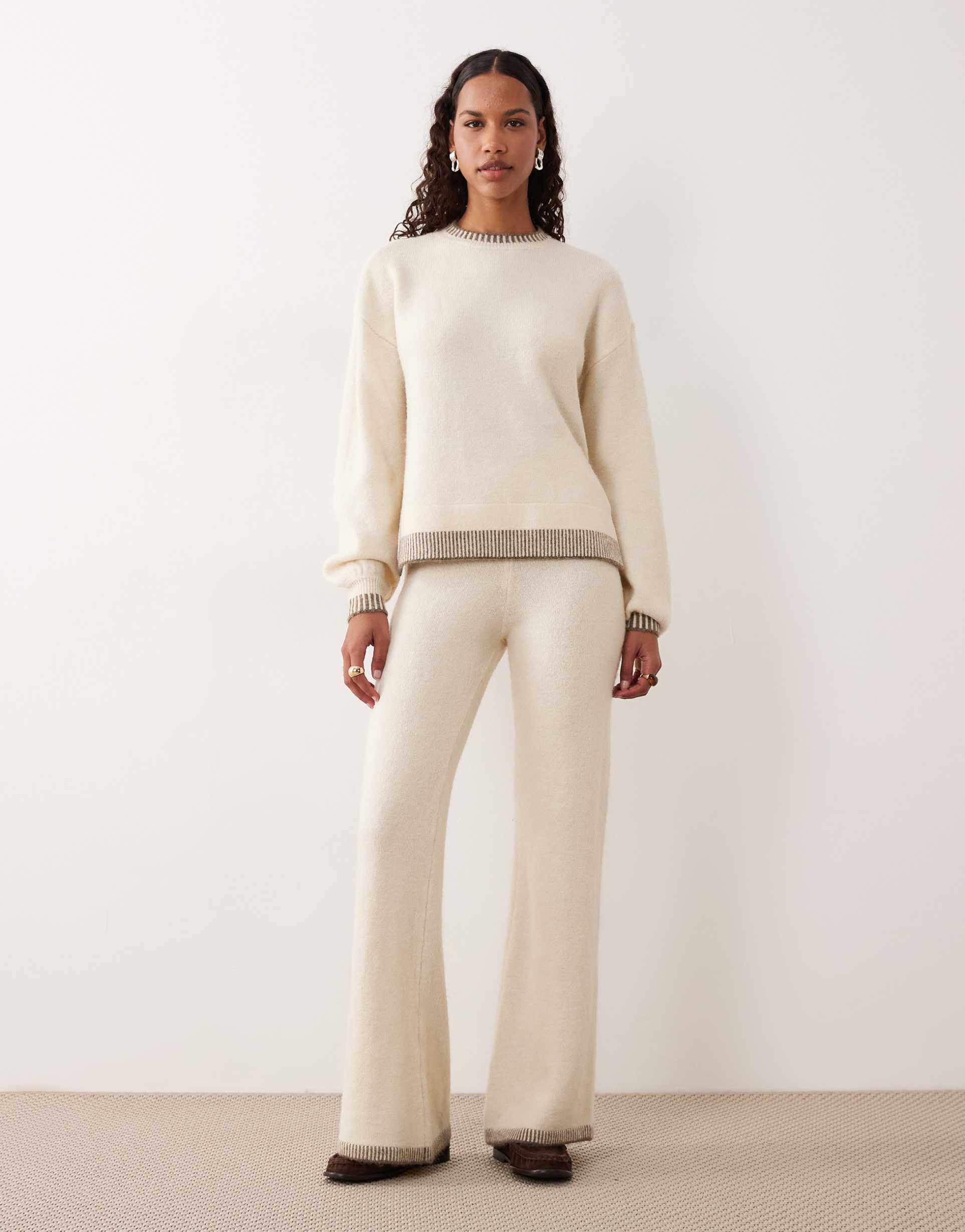 vila contrast trim knit wide leg pants in cream - part of a set