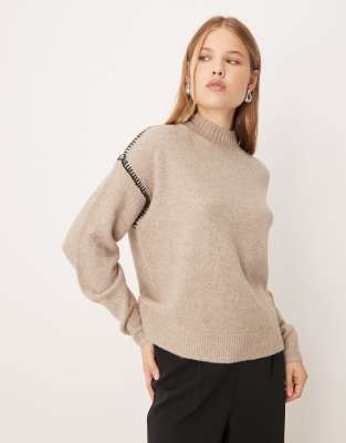 Vila contrast trim knitted jumper in natural melange-Neutral
