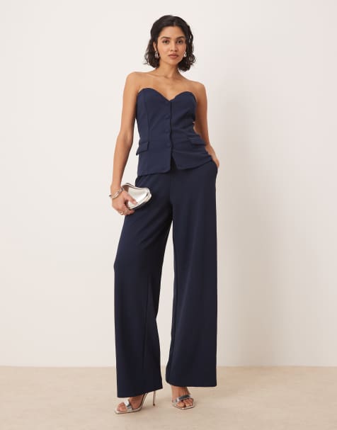 VILA - Coordinato blu navy in jersey elasticizzato con top sartoriale a fascia e pantaloni - view 1