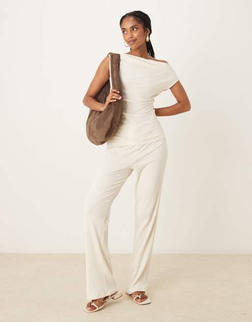 Vila - Coordinato color crema in jersey a coste con top e pantaloni