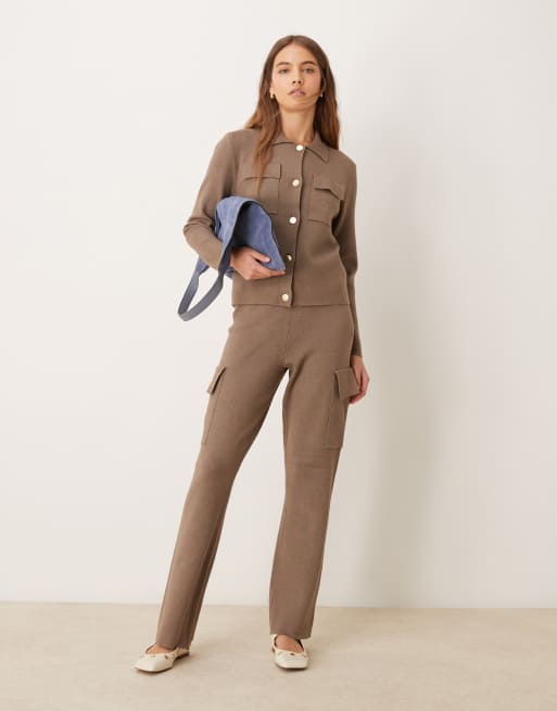 VILA - Coordinato premium in maglia strutturata con cardigan e pantaloni color tortora