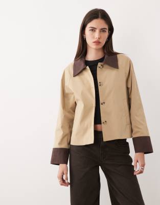 Vila Cord Trim Barn Jacket In Brown
