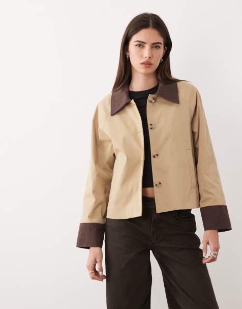 Vila cord trim barn jacket in beige