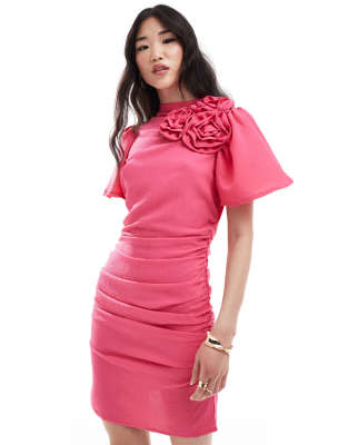 Vila Corsage Mini Dress With Ruched Sides In Bright Pink