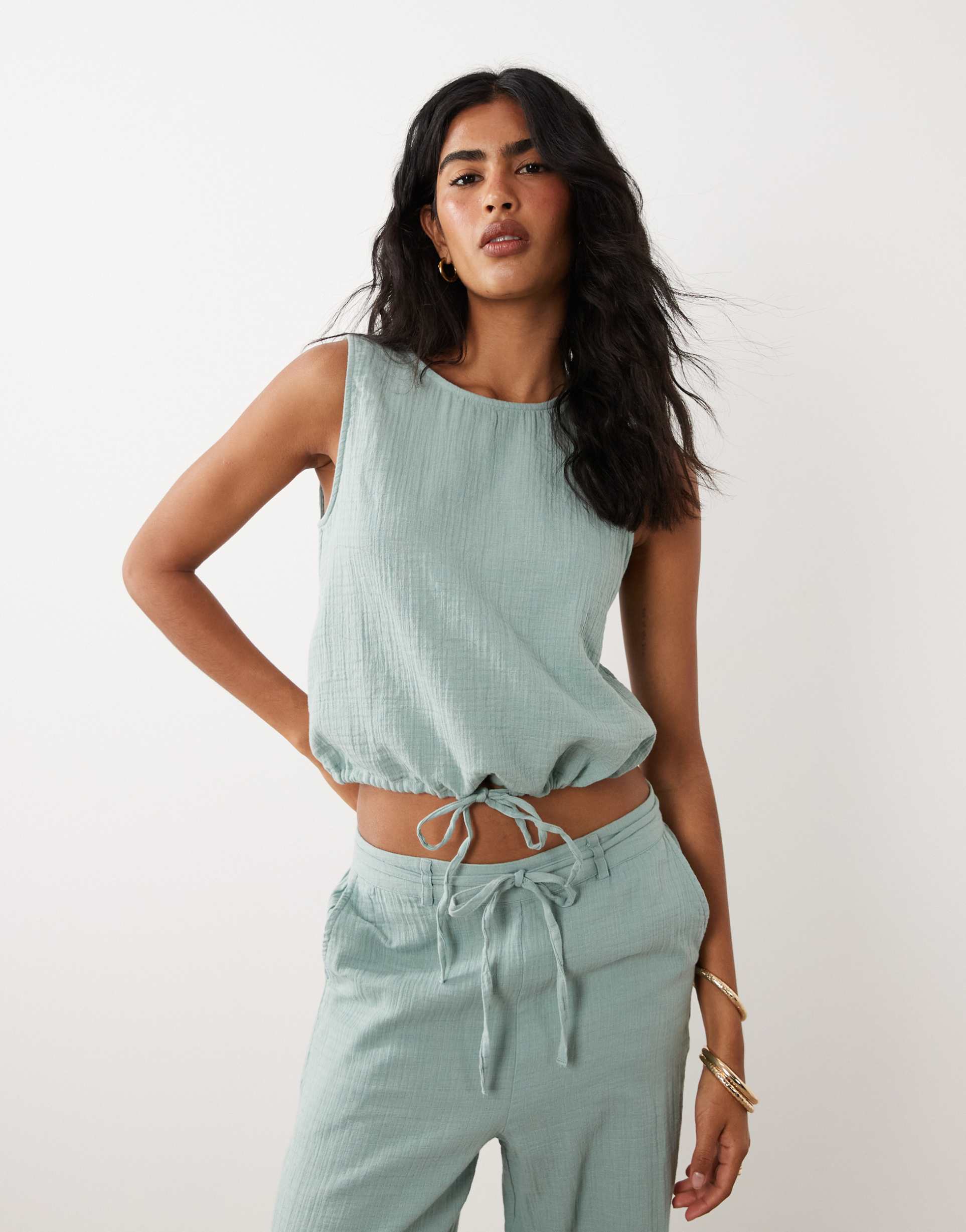 vila cotton cheesecloth sleeveless top in sage green - part of a set