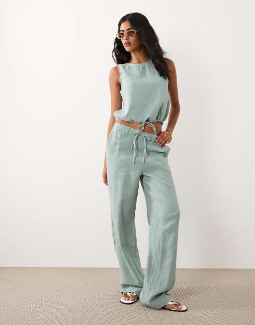 VILA cotton cheesecloth sleeveless top in sage green - part of a set, 2 of 4