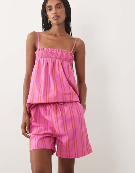 VILA cotton high waist tie front shorts in red and pink stripes - part of a set - view 1