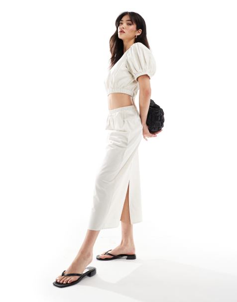 Vila cotton maxi skirt co-ord in beige - view 1