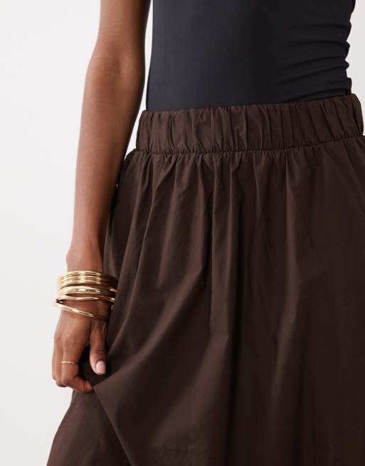Vila cotton midi skirt in chocolate brown, 3 of 5