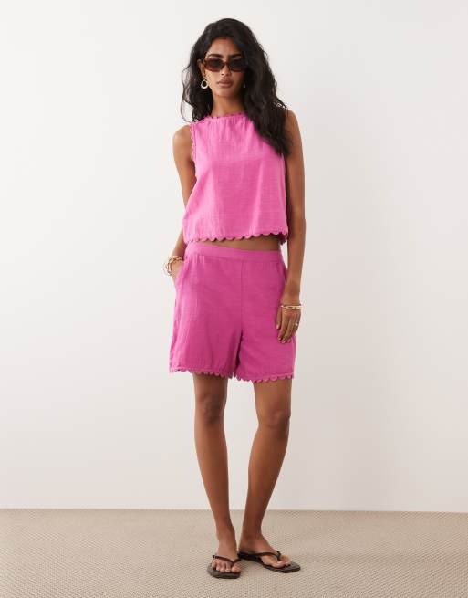 VILA cotton scallop trim shorts in bright pink - part of a set, 2 of 5