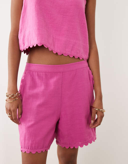 VILA cotton scallop trim shorts in bright pink - part of a set, 3 of 5