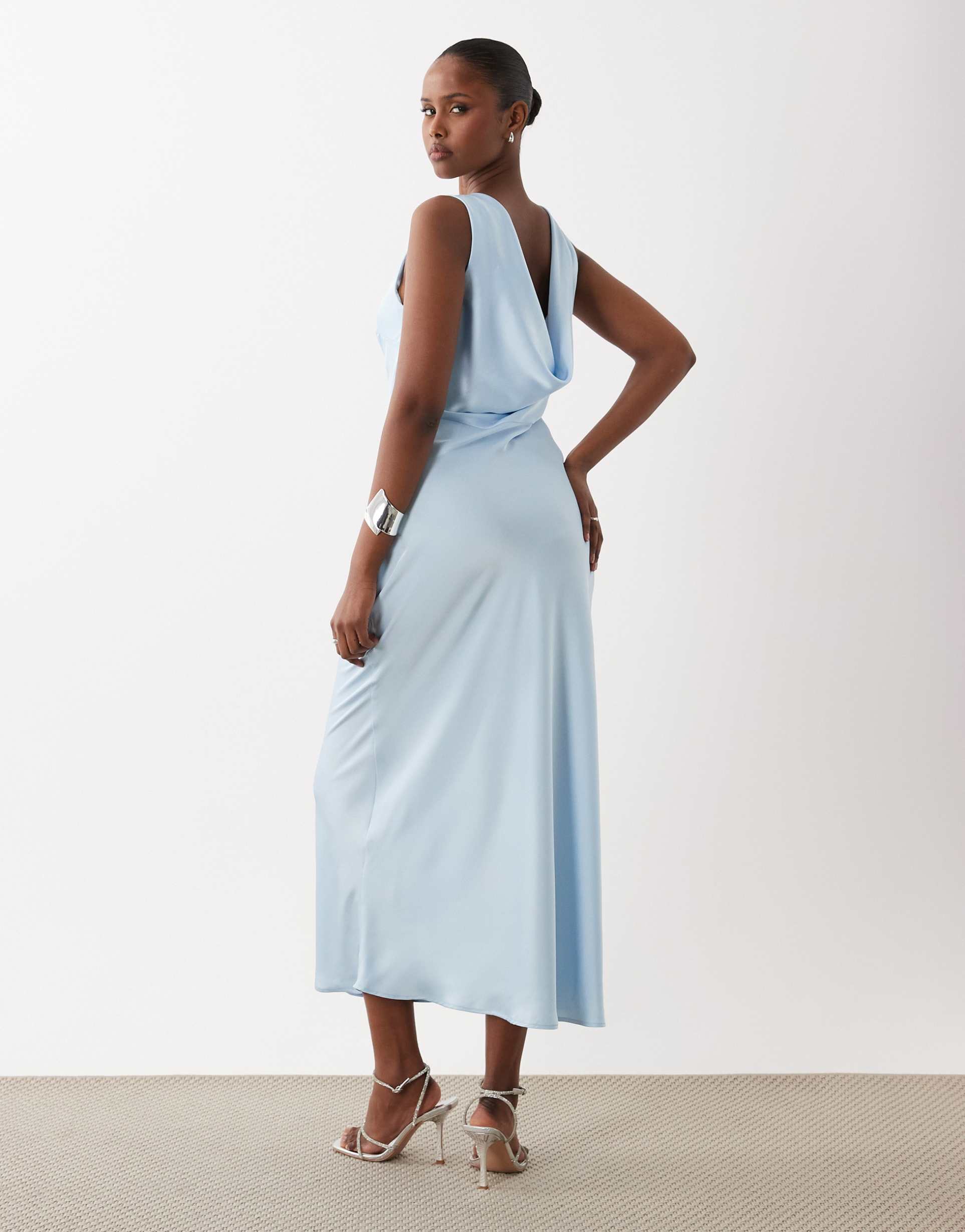 vila cowl back satin maxi dress in light blue