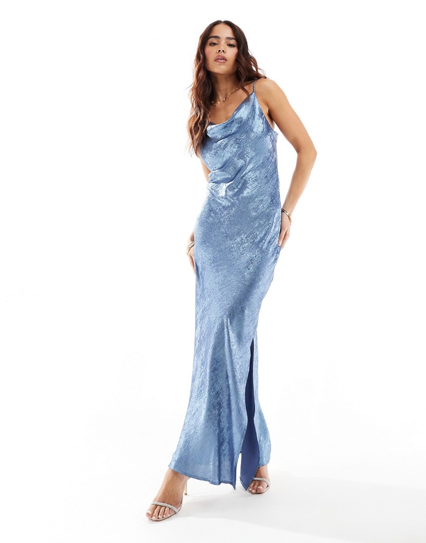 Vila cowl neck maxi cami dress in blue shimmer