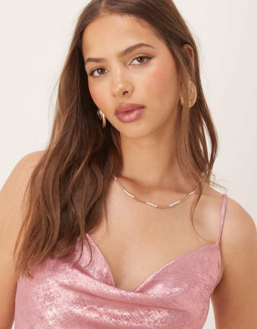 Vila cowl neck mini cami dress in pink shimmer, 3 of 4
