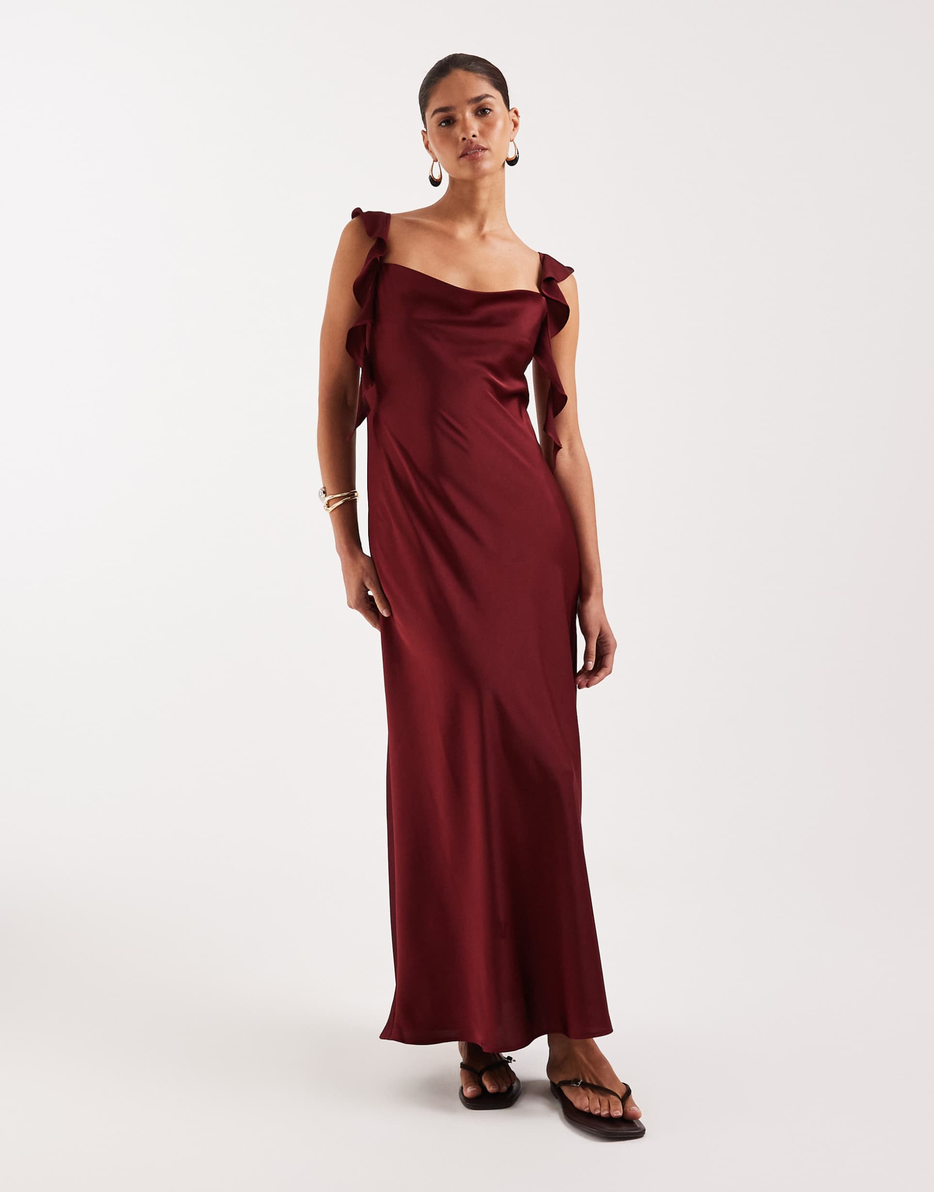 vila cowl neck satin maxi dress with draping frill straps in cabernet red