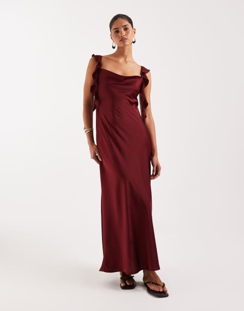Vila cowl neck satin maxi dress with draping frill straps in cabernet red