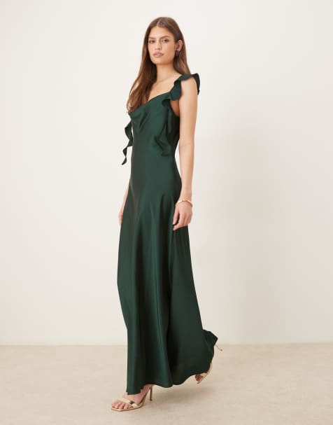 VILA cowl neck satin maxi dress with draping frill straps in scarab green - view 1