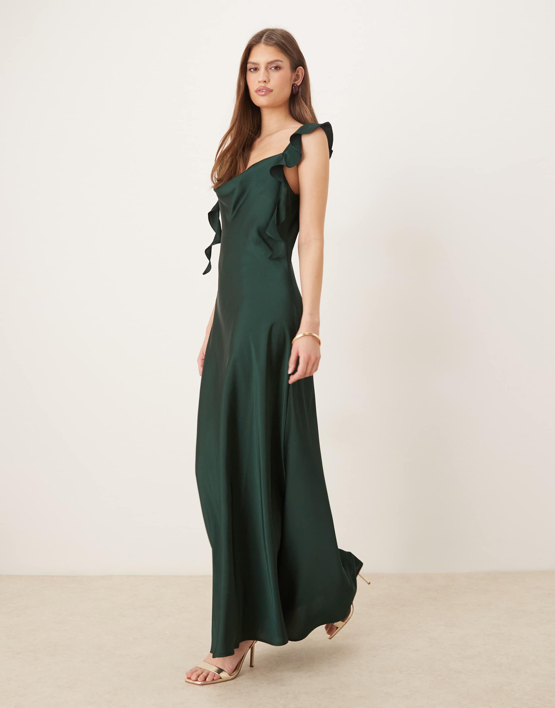 vila cowl neck satin maxi dress with draping frill straps in scarab green