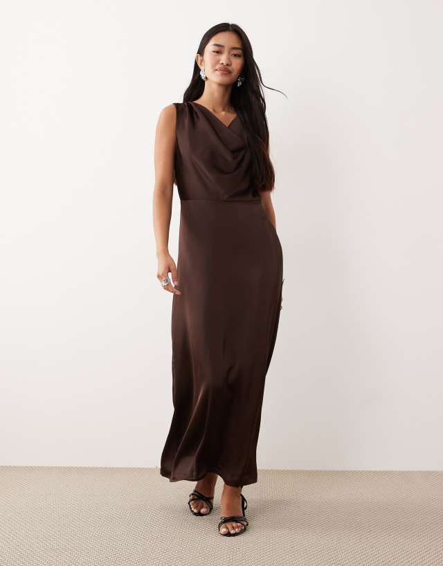 brown cowl neck midi dress VILA satin in chocolate perfect for evening events bodycon maxi dress Cap Sleeves Knee Length Material:STANDARD FABRIC