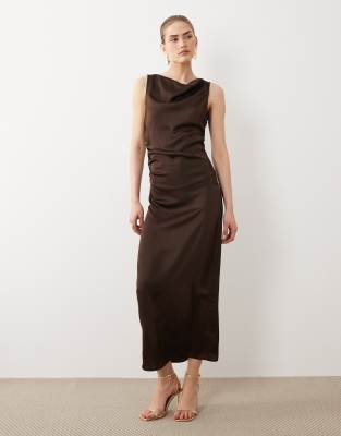Vila Cowl Neck Satin Midi Dress In Brown