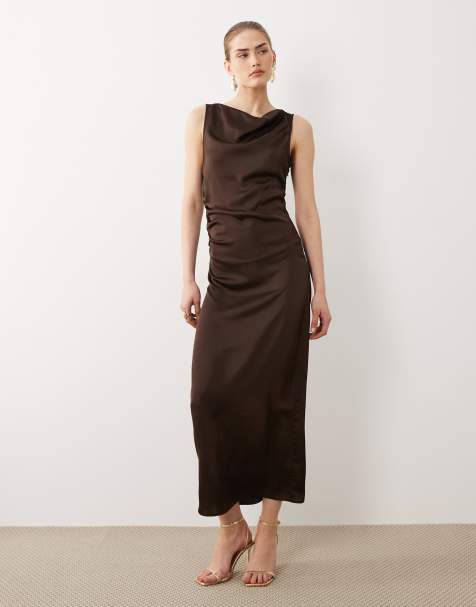 Vila cowl neck satin midi dress in chocolate brown