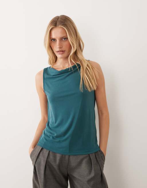 VILA cowl neck sleeveless top in deep atlantic blue, 3 of 4