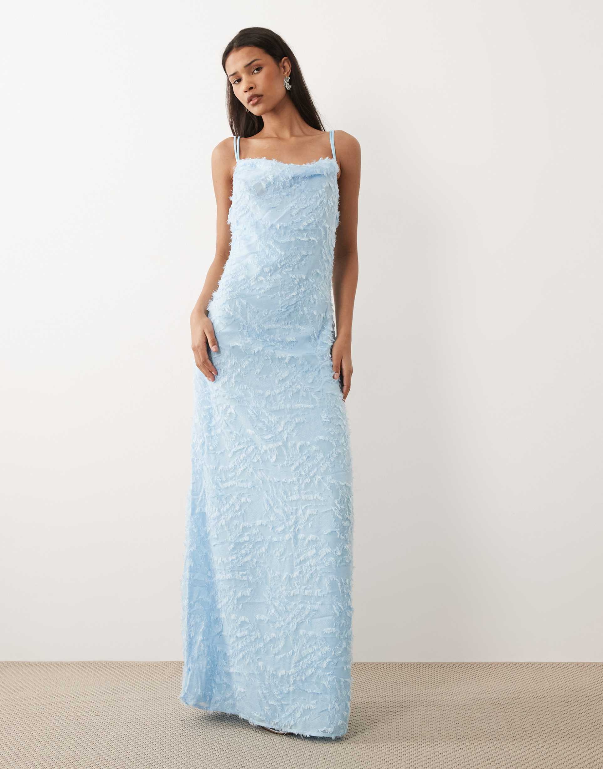 vila cowl neck textured cami maxi dress in light blue