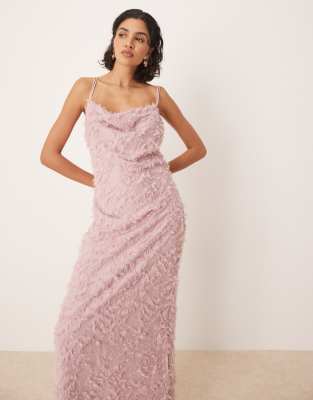 cowl neck textured cami maxi dress in rose pink