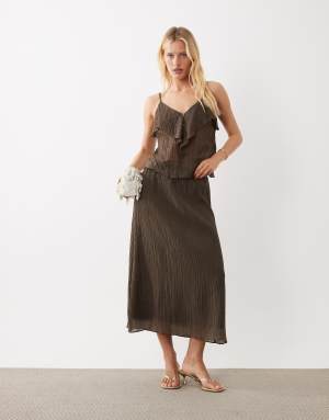 Vila crinkle chiffon midi skirt co-ord in brown
