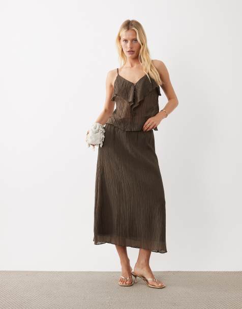 Vila crinkle chiffon midi skirt co-ord in brown