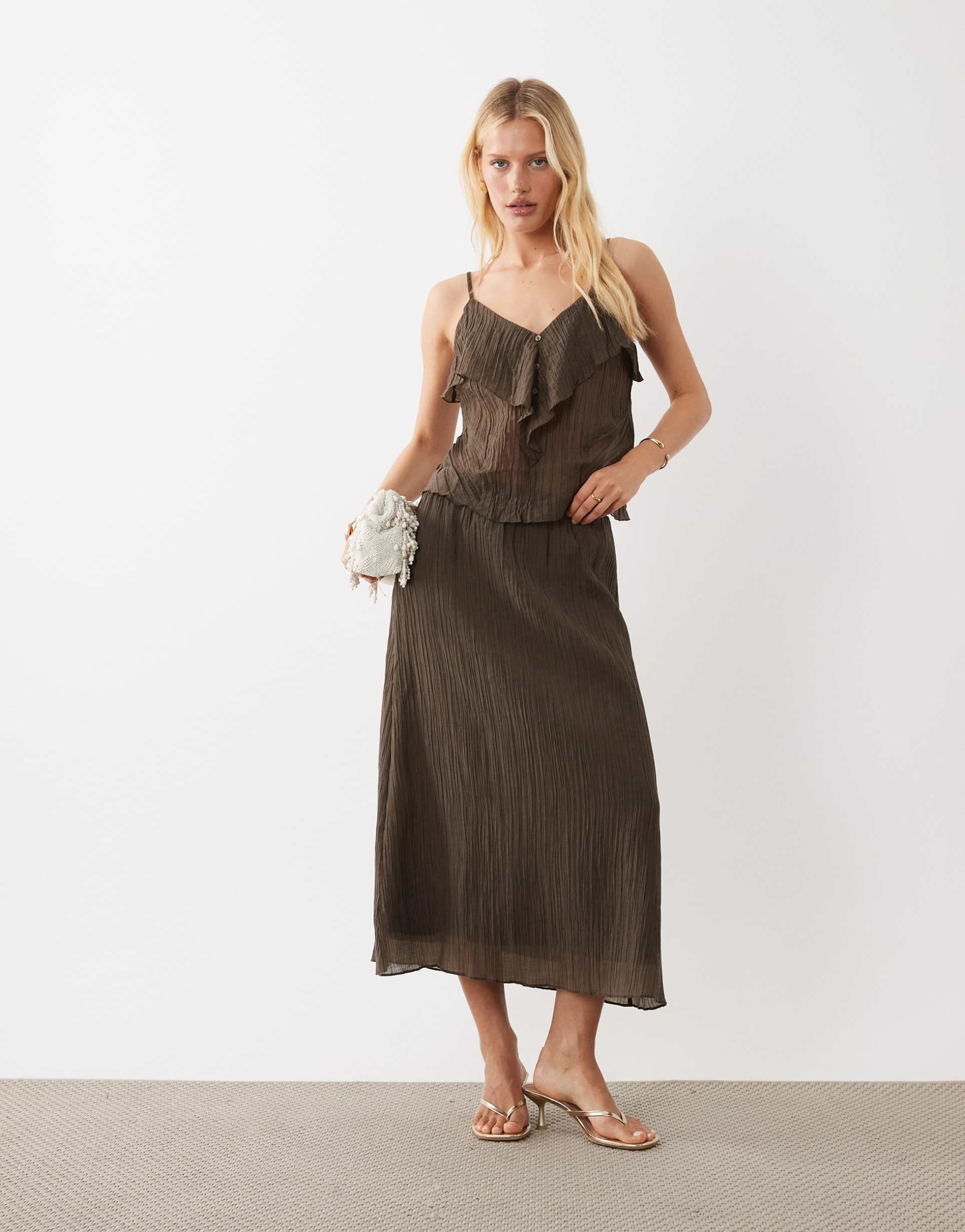 vila crinkle chiffon midi skirt in brown - part of a set
