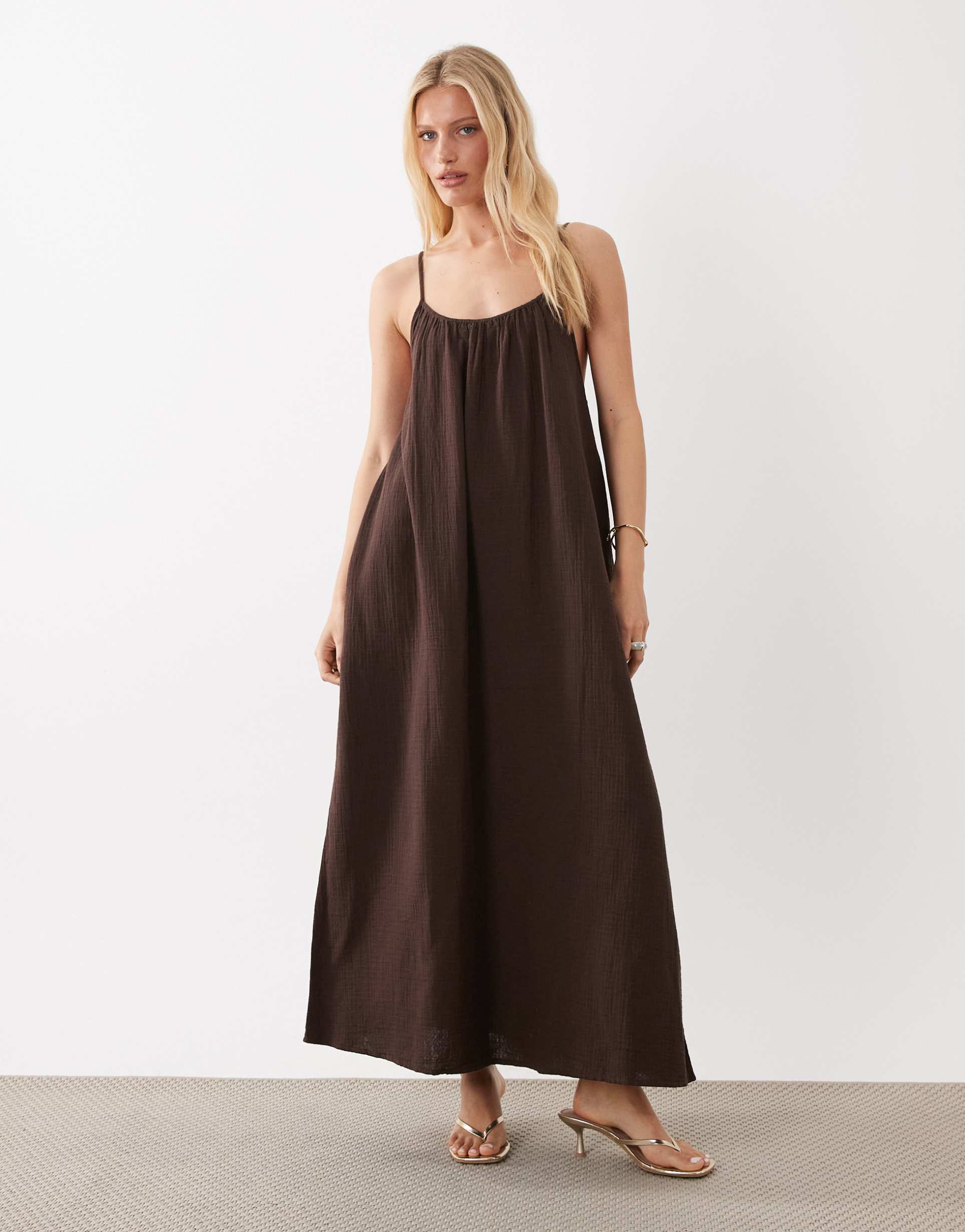 vila crinkle cotton maxi cami slip dress in chocolate brown
