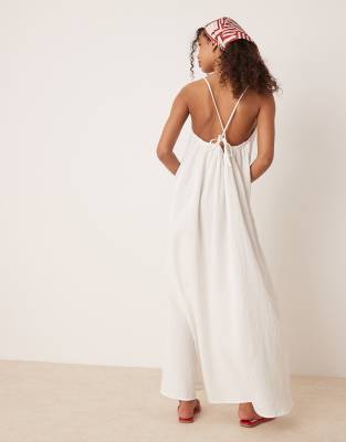 Vila crinkle cotton maxi cami slip dress in white